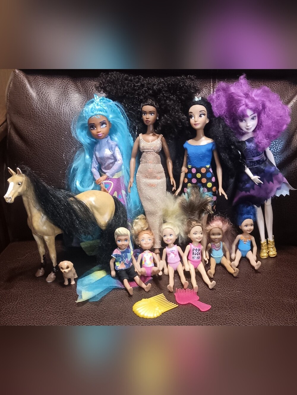 Assorted Dolls Bundle with Colorful Hair Horse 3 Cars
